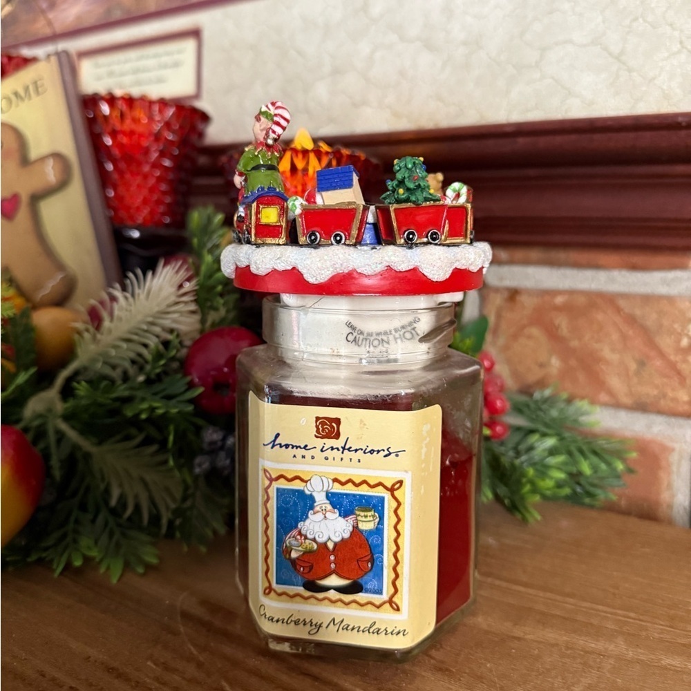 1990’s Home Interiors Red Candle with Festive Elf Christmas Train Topper